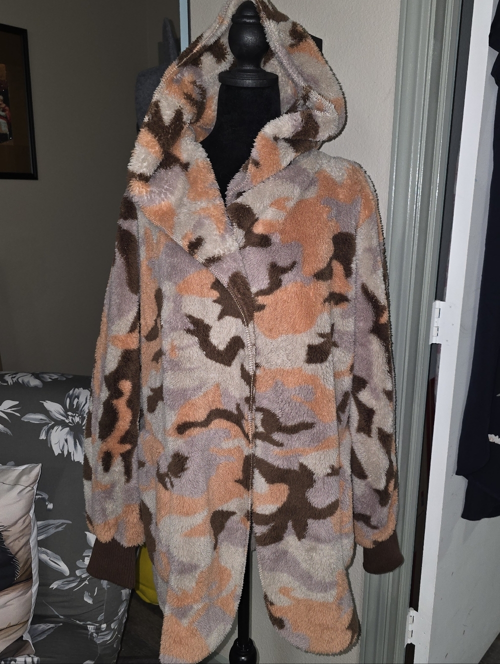 Hem & Thread Hooded Teddy Coat in Brown, Tan & Cream Camo